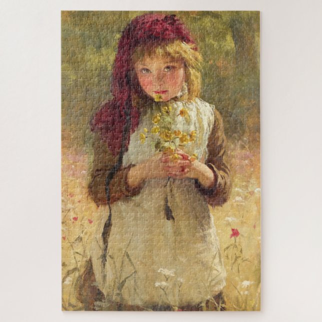 Puzzle Pequeña Chica con flores de mariposa amarilla (Vertical)