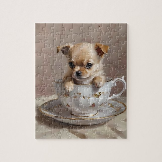 Puzzle Pequeña luz: Chihuahua cachorro en una taza de té, (Vertical)