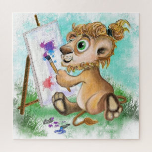 Puzzle Pequeña y pequeña artista de leones de bebé pinta