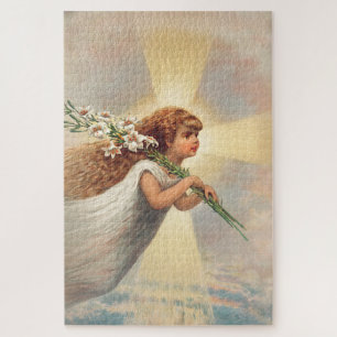 Puzzle Pequeño ángel bebé sosteniendo lirios