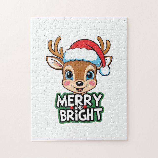 Puzzle Pequeño ciervo con diseño Santa "Merry & Bright" (Vertical)