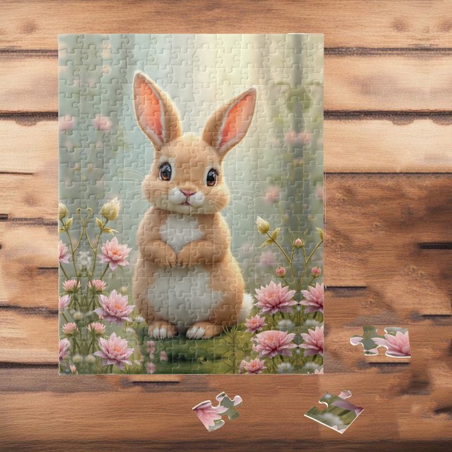 Puzzle Pequeño conejito lindo rodeado de flores, niños (Subido por el creador)