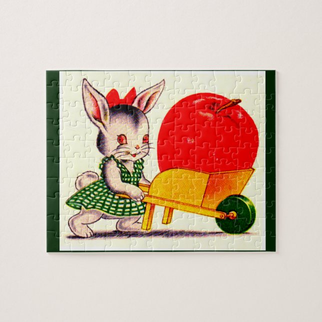Puzzle pequeño conejo empujando el carro con una gran man (Horizontal)