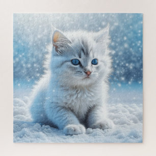 Puzzle Pequeño gatito blanco en Navidades de nieve