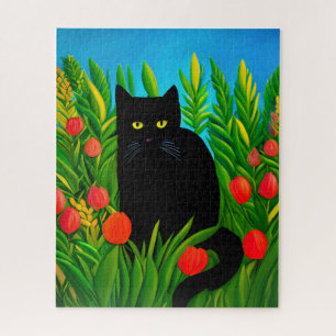 Puzzle Pequeño gato negro en un jardín de tulipanes
