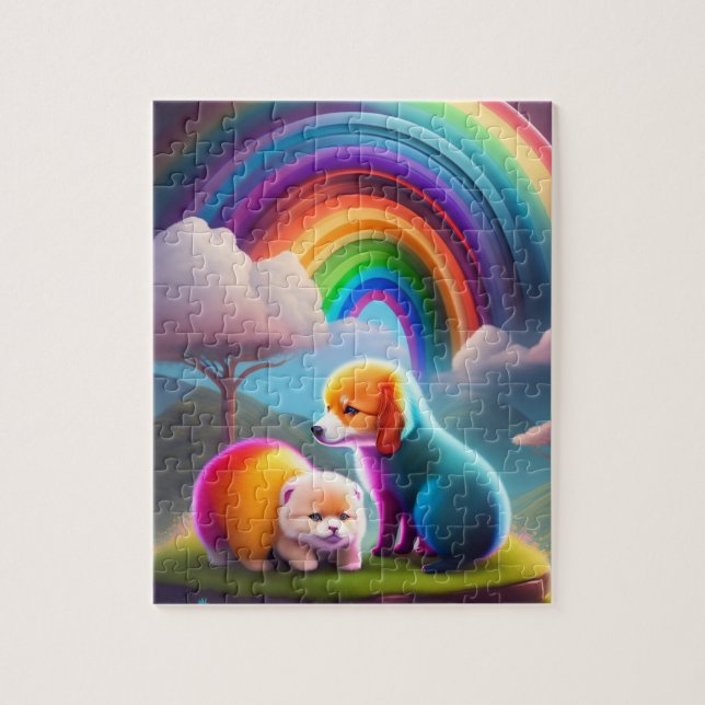 Puzzle Pequenos Perros Coloridos en un Bosque Mágico (Vertical)