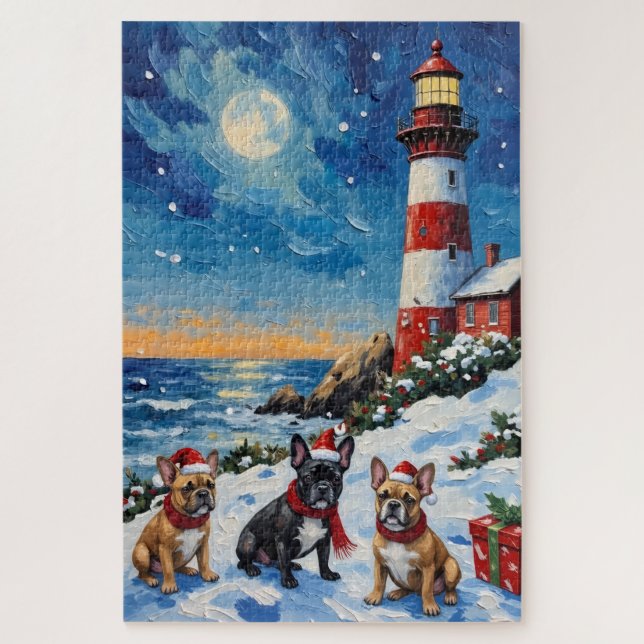 Puzzle Perrito Bulldog Francés Navidad Faro Fiesta (Vertical)