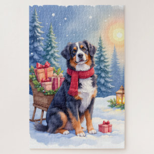 Puzzle Perrito de montaña bernés en trineo Navidad acuare