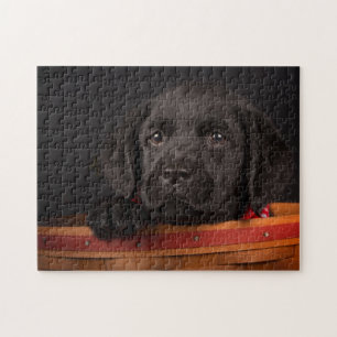 Puzzle Perrito negro del labrador retriever en una cesta