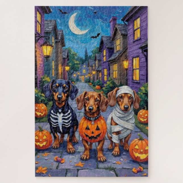 Puzzle Perritos Dachshund Trick-or-Treating en Halloween (Vertical)