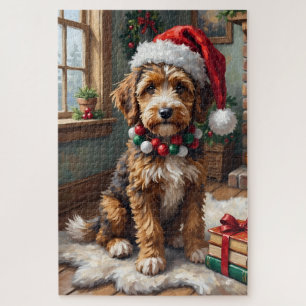 Puzzle Perro adorable Bernedoodle con sombrero de Santa t