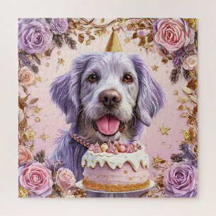 Puzzle Perro adorable de cumpleaños con pastel celebrando