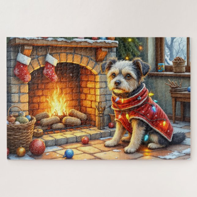 Puzzle Perro Affenpinscher junto a la acogedora chimenea  (Horizontal)