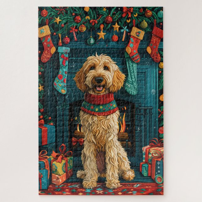 Puzzle Perro afgano con Navidad y chimenea de regalos (Vertical)