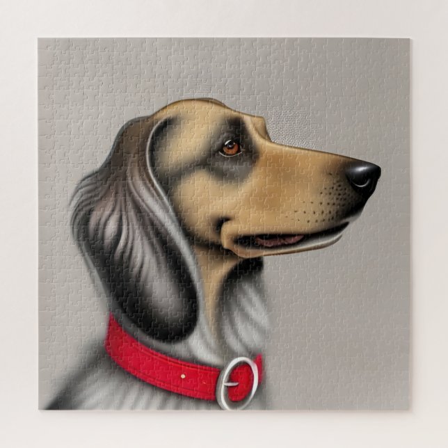 Puzzle Perro agraciado con collar rojo posado de lado (Vertical)