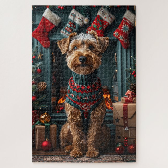 Puzzle Perro Airedale con regalos de Navidad Chimenea (Vertical)