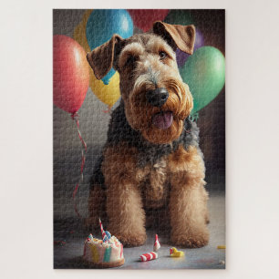 Puzzle Perro Airedale con torta y globos