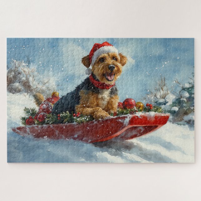 Puzzle Perro Airedale en Trineo Deja que Nieve Navidad (Horizontal)