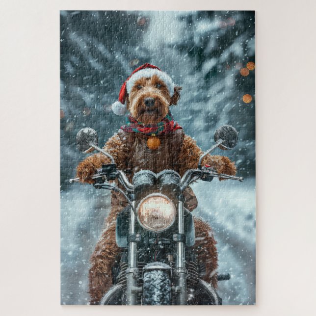 Puzzle Perro Airedale montando motocicleta Navidad (Vertical)