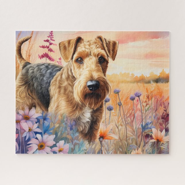 Puzzle Perro Airedale Terrier en una pradera de flores si (Horizontal)