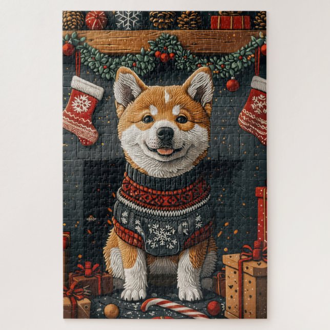 Puzzle Perro Akita Con Chimenea De Regalos Navidades (Vertical)