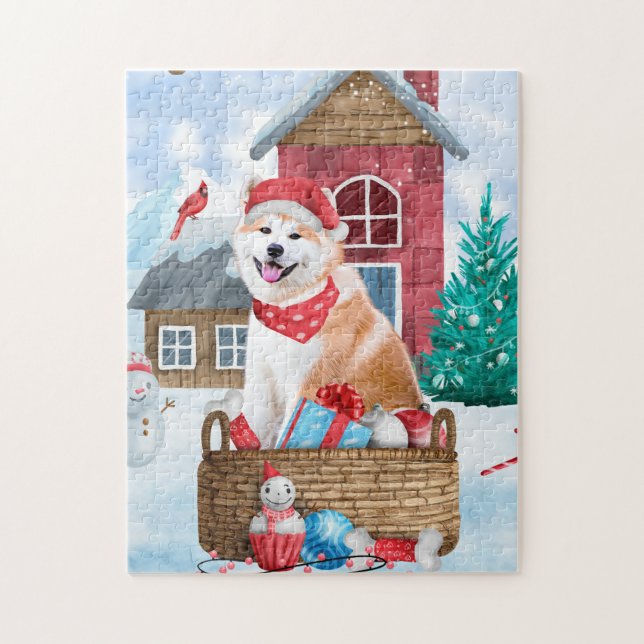 Puzzle Perro Akita En Casa De Perros De Navidades De Niev (Vertical)