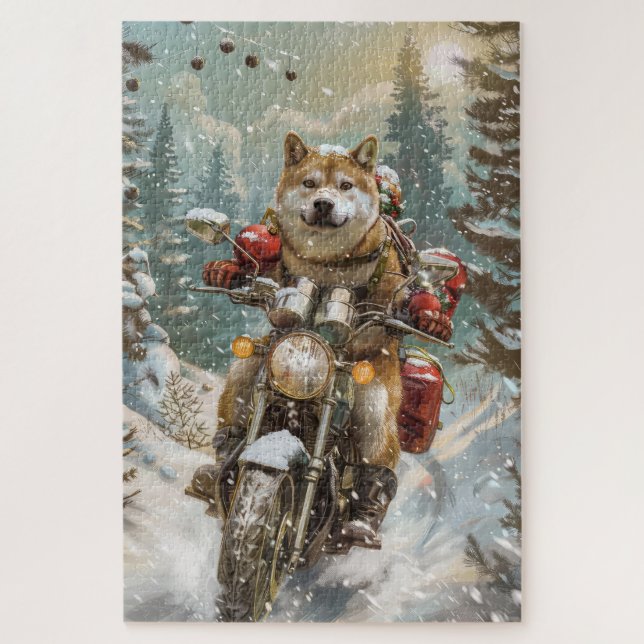 Puzzle Perro Akita Montando Motocicleta Navidad (Vertical)