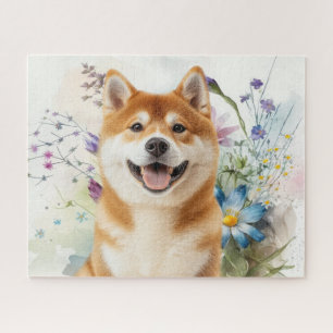Puzzle Perro Akita Shiba Inu con Flores Acuarela Azules