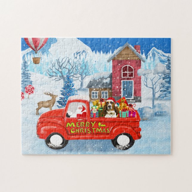 Puzzle Perro amarrado en Navidades con nieve en camión de (Horizontal)