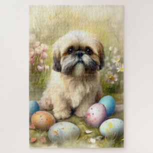 Puzzle Perro Apso de Lhasa con festividad de huevos de Pa