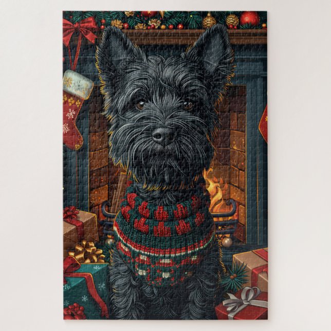 Puzzle Perro aterrador escocés con regalos de Navidades (Vertical)