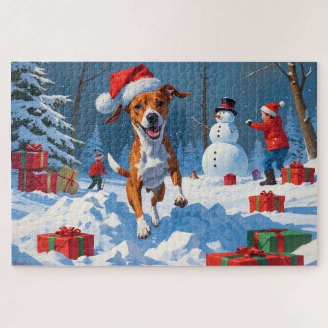 Puzzle Perro Basenji jugando en la escena de invierno en  (Horizontal)