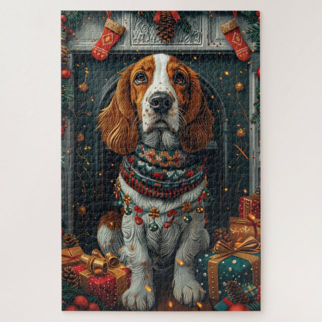 Puzzle Perro Basset Hound con regalos de Navidad Chimenea (Vertical)
