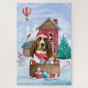 Puzzle Perro Basset Hound en la casa de perro de Navidad