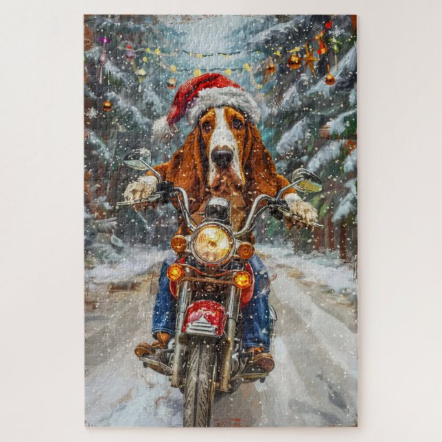 Puzzle Perro Basset Hound montando motocicleta Navidad  (Vertical)