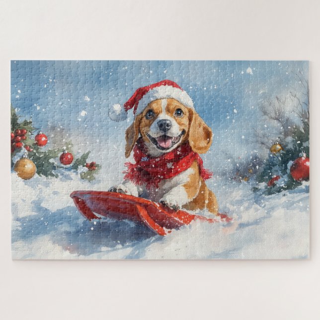 Puzzle Perro Beagle con manchas y Navidades de nieve (Horizontal)