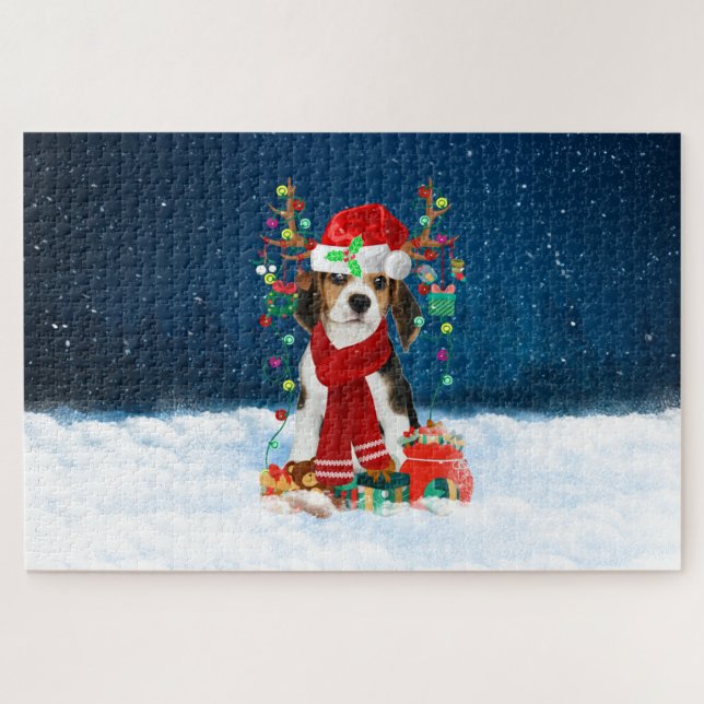 Puzzle Perro Beagle con regalos de Navidad (Horizontal)