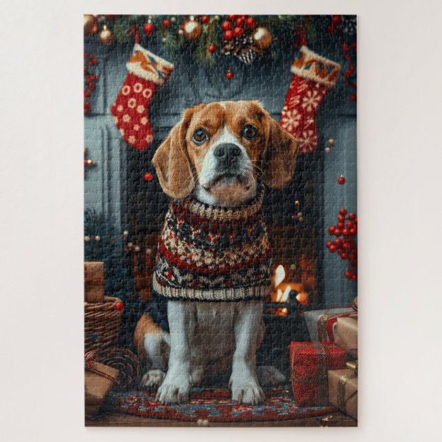 Puzzle Perro Beagle con regalos de Navidad Chimenea (Vertical)