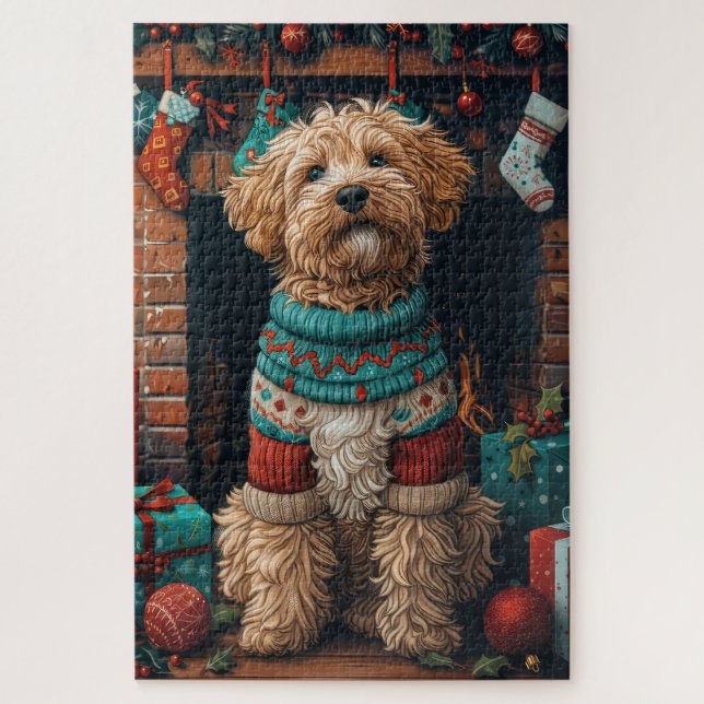 Puzzle Perro Bernedoodle con chimenea de regalos de Navid (Vertical)