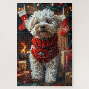 Puzzle Perro Bichón Frisé con regalos de Navidad en la ch