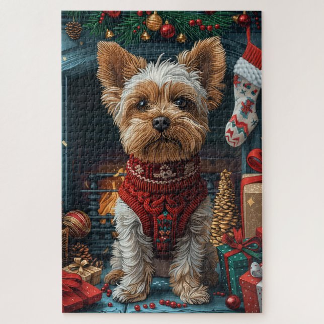 Puzzle Perro Biewer Terrier con regalos de Navidad Chimen (Vertical)