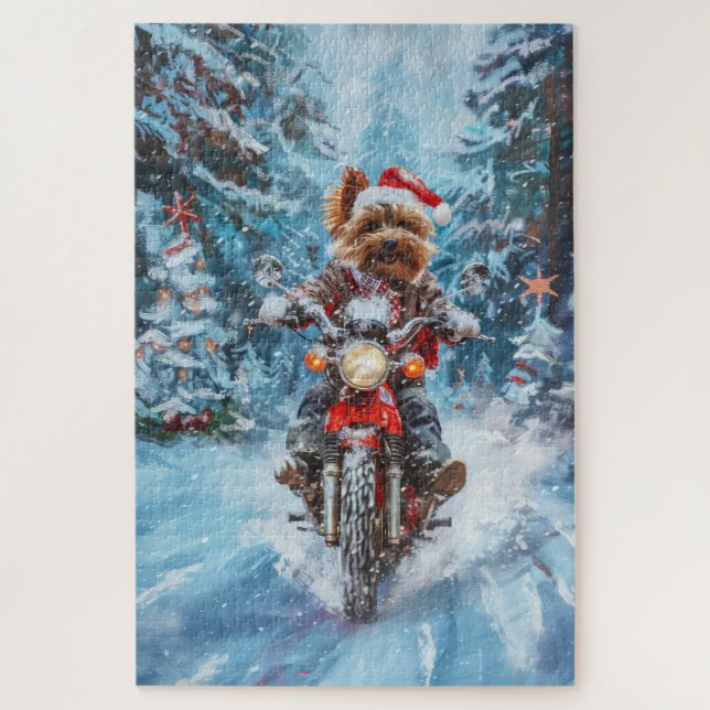 Puzzle Perro Biewer Terrier montando motocicleta en Navid (Vertical)