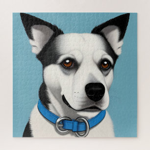 Puzzle Perro Blanco y Negro con Collar Azul