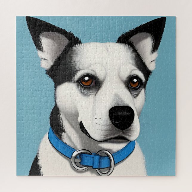 Puzzle Perro Blanco y Negro con Collar Azul (Vertical)