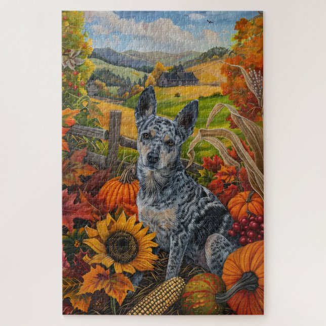 Puzzle Perro Blue Heeler Cosecha de Otoño Día de Acción d (Vertical)