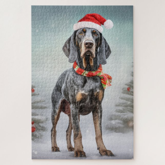 Puzzle Perro Bluetick Coonhound en Navidad con nieve  (Vertical)