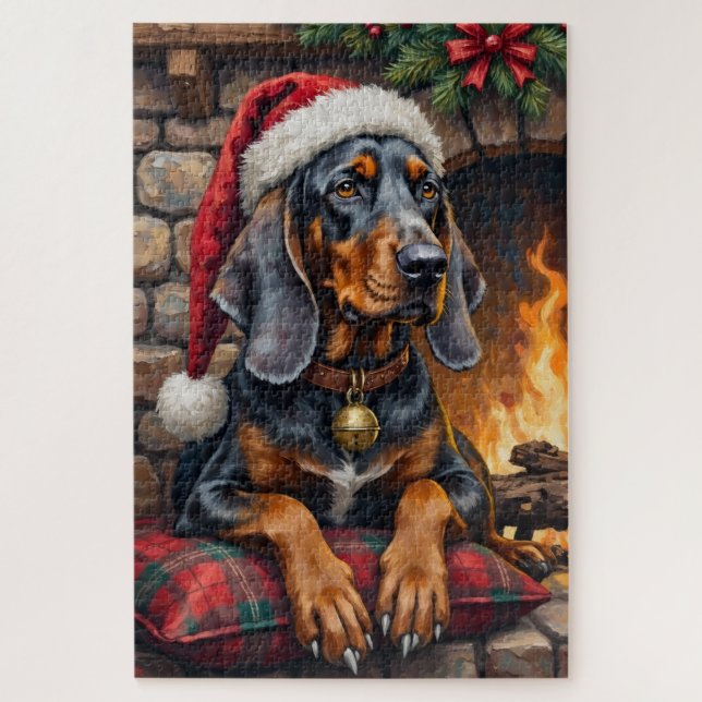 Puzzle Perro Bluetick Coonhound Lodge Navideño Acogedor (Vertical)