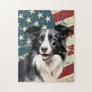 Puzzle Perro Border Collie con bandera americana Grunge