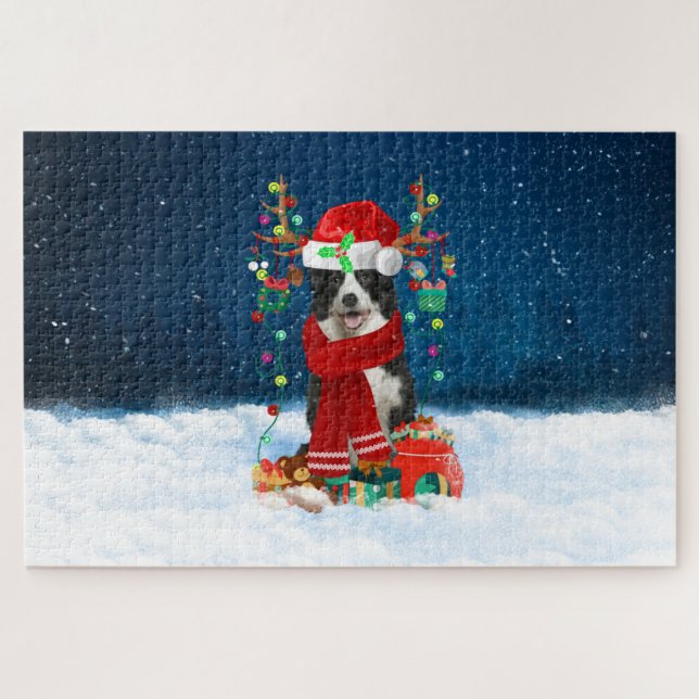 Puzzle Perro Border Collie con regalos de Navidad (Horizontal)