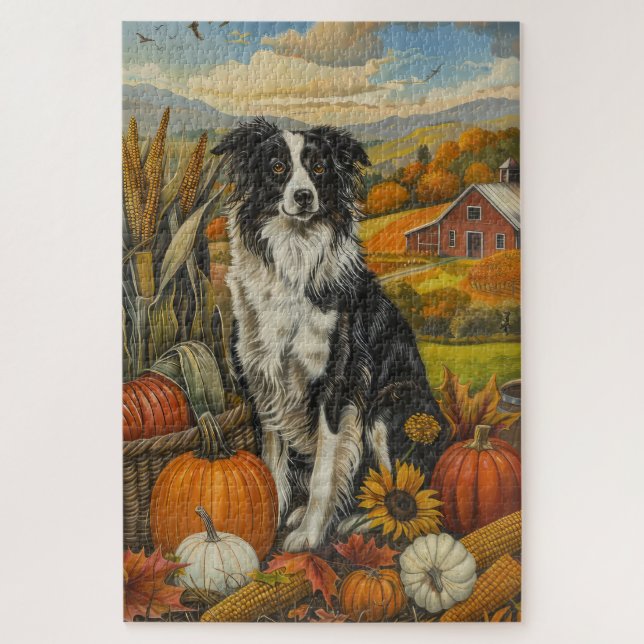 Puzzle Perro Border Collie Cosecha de Otoño Día de Acción (Vertical)